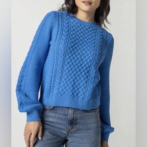 Lilla P Cable Knit Cotton Blend Sweater Lapis Blue Size Large
